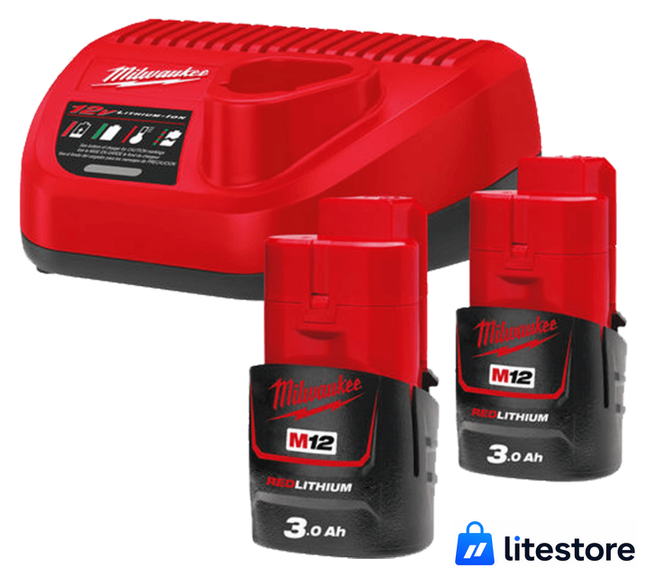 Аккумулятор с зарядным устройством Milwaukee M12 M12NRG-302 4933451902 (2 x 12В/3 Ач + 12В) - Изображение №1 — Лайт Стор