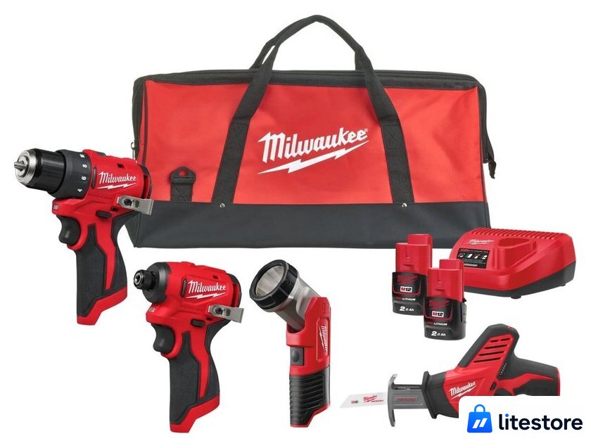  Milwaukee M12 BLPP4A-202B 4933499693 (шуруповерт, винтоверт, фонарь, сабельная, 2 АКБ, сумка) - Изображение №1 — Лайт Стор